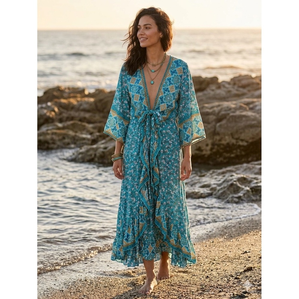 Sea Lustre Floral Maxi Cover-Up Turquoise Blue Boho Bell Sleeve Tie Front S/M